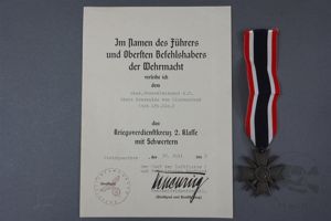 Original German WWII Award Document & Medal War Merit Cross …
