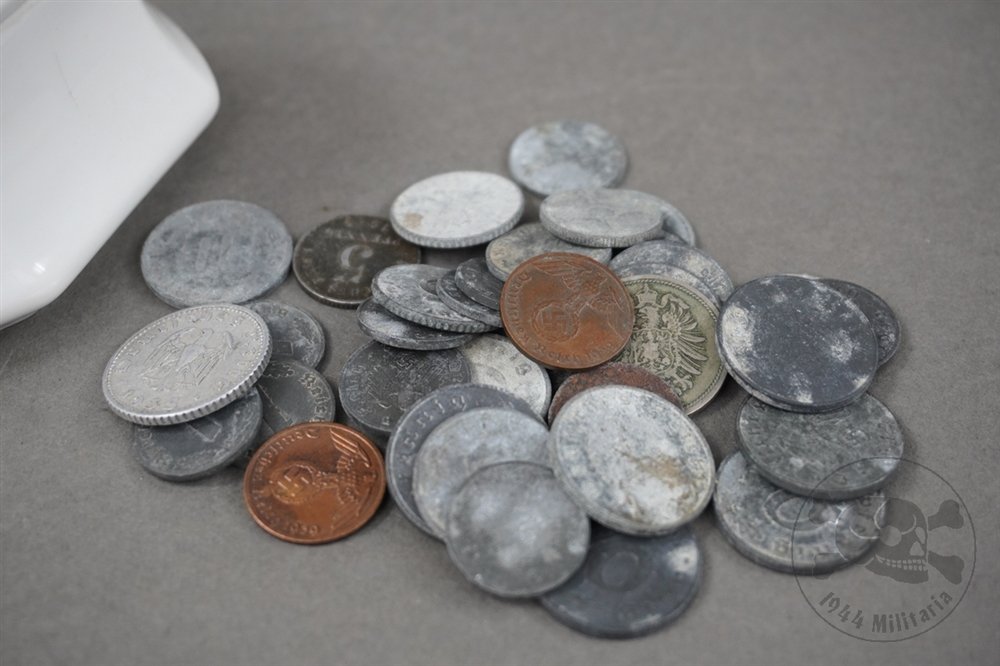 Original Third Reich Era Porcelain Sugar/Trinket Dish With Various Third Reich Coins — image 3