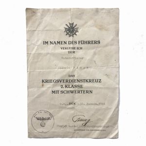 WW2 German Certificate - War Merit Cross with Swords