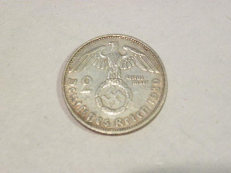 1939 German Hindenburg 2 Mark Coin — image 2