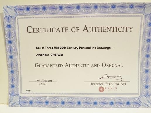 Mid 20th Century Original Pen and Ink Civil War Drawings with Certificate — image 2