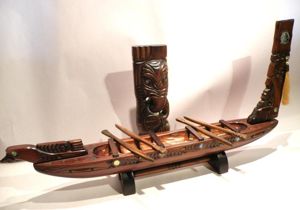 Vintage Maori Hand Carved Canoe and Tekoteko.