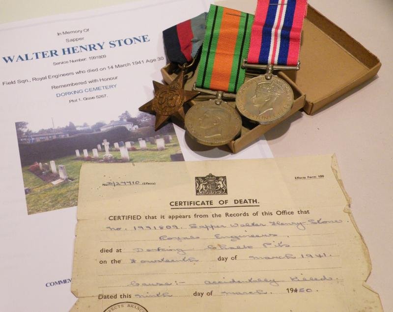 WW2 Medal Trio to Sapper Stone RE Accidently Killed 1941.