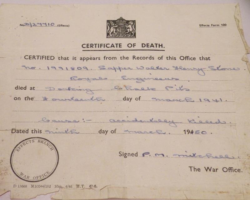 WW2 Medal Trio to Sapper Stone RE Accidently Killed 1941. — image 3