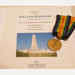 WW1 Victory Medal Simmonds Essex Reg - Killed Gallipoli.