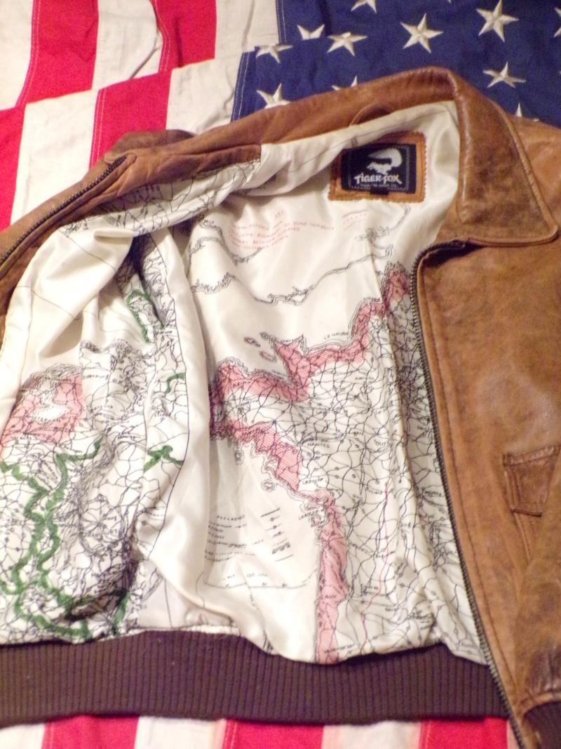 Vintage Tiger Fox Brown Leather Bomber Style Jacket with Map — image 2