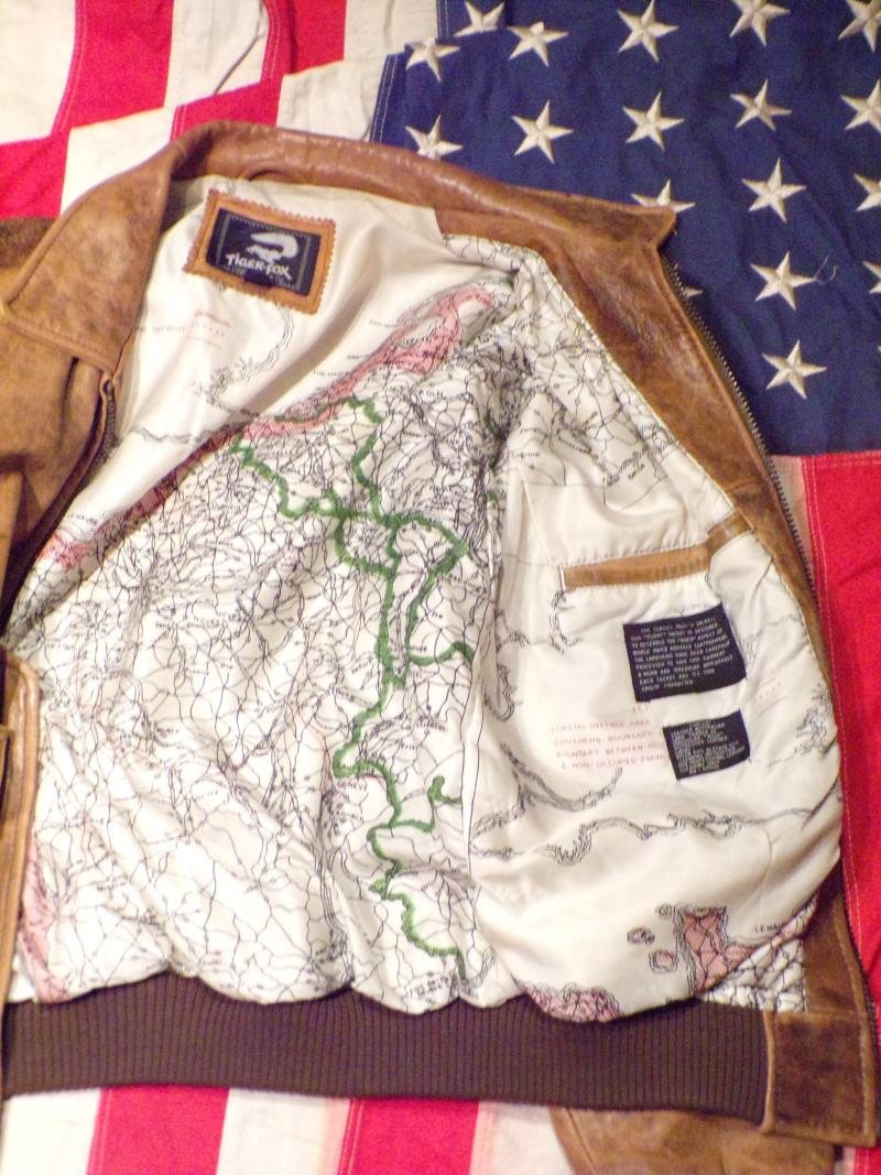 Vintage Tiger Fox Brown Leather Bomber Style Jacket with Map — image 3