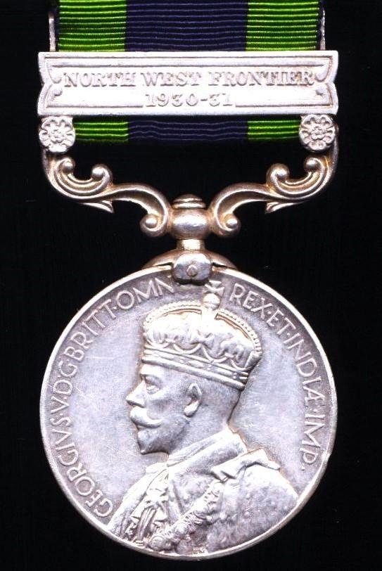 India General Service Medal 1908-35. GV second issue with clasp 'North West Frontier 1930-31' (7209 Sep. Hazara Singh, 5-12 F.F.R.) — image 2