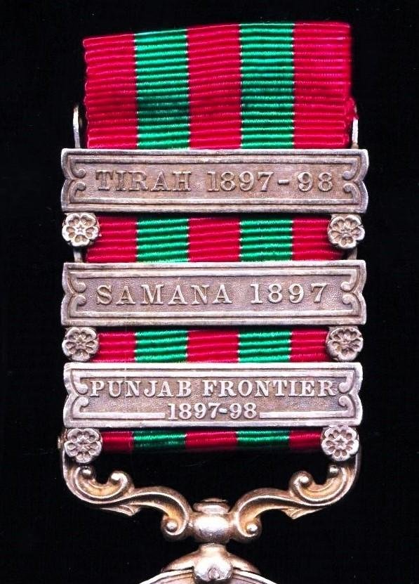 India General Service Medal 1895-1902. Victoria, silver issue with 3 x clasps, 'Punjab Frontier 1897-98', 'Samana 1897' & 'Tirah 1897-98' (1916. Sowar Shakar Khan, 1st. C.I. Horse.) — image 2