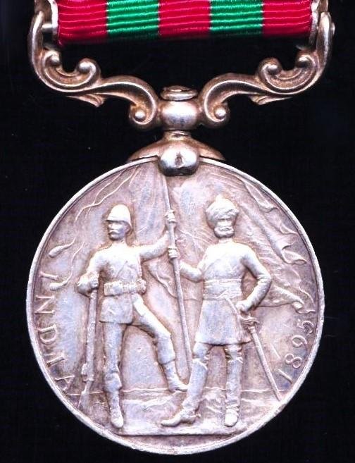 India General Service Medal 1895-1902. Victoria, silver issue with 3 x clasps, 'Punjab Frontier 1897-98', 'Samana 1897' & 'Tirah 1897-98' (1916. Sowar Shakar Khan, 1st. C.I. Horse.) — image 4