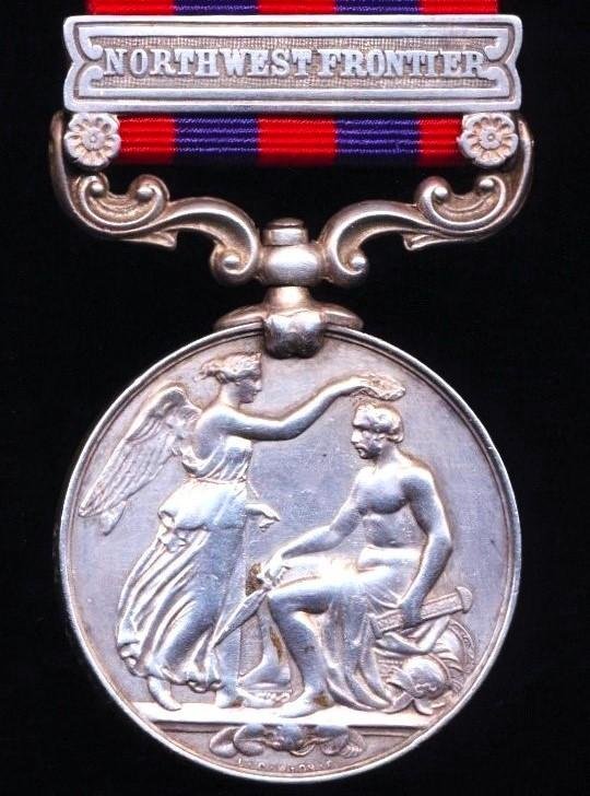 India General Service Medal 1854-95. Silver issue with clasp 'North West Frontier' (1346 Corpl V. Moore. 3 Bn Rif. Bde) — image 4