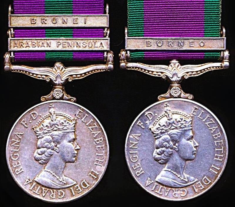 An extremely scarce campaign medal pair including clasps for service in Aden Colony, Brunei Revolt & Borneo Confrontation: Private C. J. Spence 1st Battalion Queen's Own Highlanders, late 1st Battalion Queen's Own Cameron Highlanders — image 2