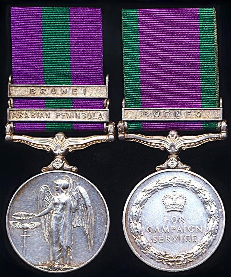 An extremely scarce campaign medal pair including clasps for service in Aden Colony, Brunei Revolt & Borneo Confrontation: Private C. J. Spence 1st Battalion Queen's Own Highlanders, late 1st Battalion Queen's Own Cameron Highlanders — image 3