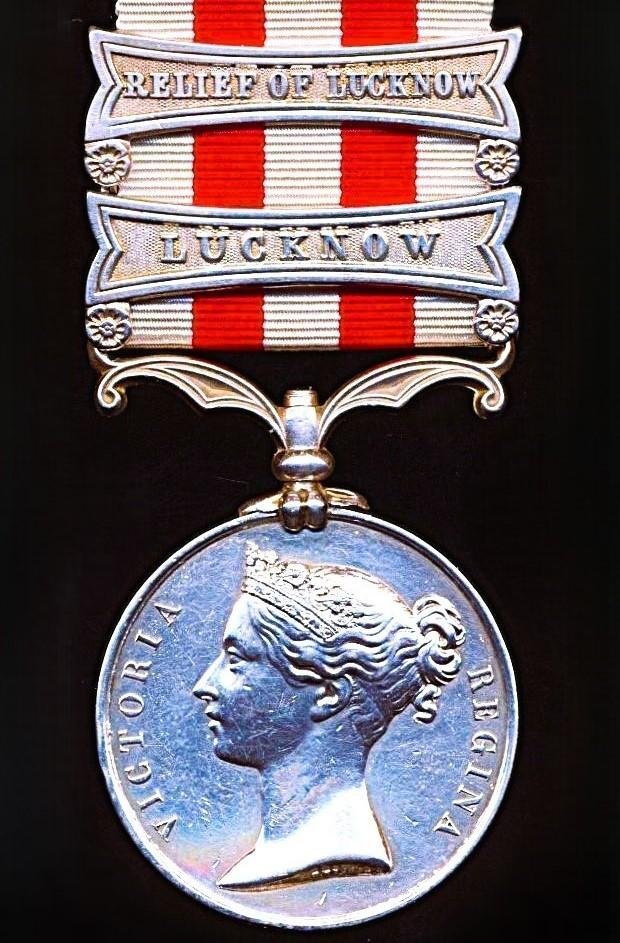 Indian Mutiny Medal 1857-59. With 2 x clasps 'Relief of Lucknow' & 'Lucknow' (Bombr. Ds. Hurly, 3rd. Compy. 5th. Bn. Bl. Foot Art.) — image 2