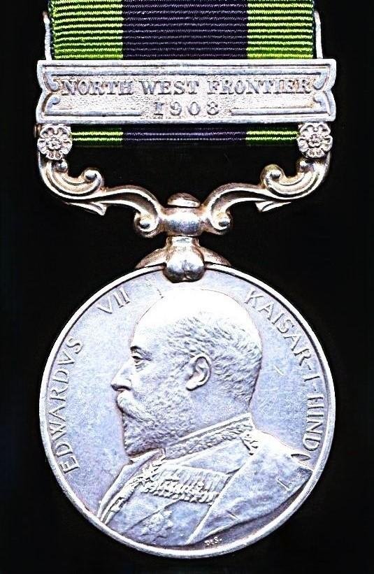India General Service Medal 1908-1935. EDVII silver issue with clasp 'North West Frontier 1908' (724 Dvr Mohammed Zaman. No 8 Mtn.B.R.G.A,) — image 2