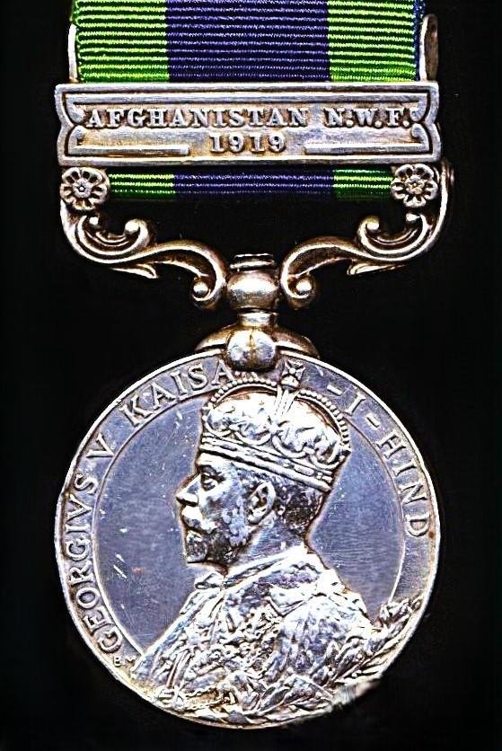 India General Service Medal 1908-1935. GV first type silver issue with clasp 'Afghanistan N.W.F. 1919' (1159 Nk Fateh Mohd, 14 Mule Cps.) — image 2