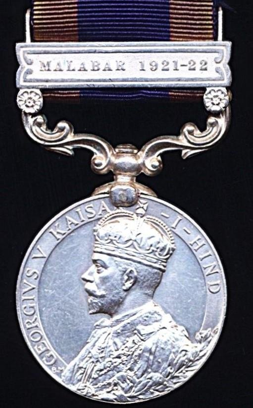 India General Service Medal 1908-1935. GV first type, silver issue with clasp 'Malabar 1921-22' (5718540 Pte. H.A. Hedger, Dorset. R.) — image 2