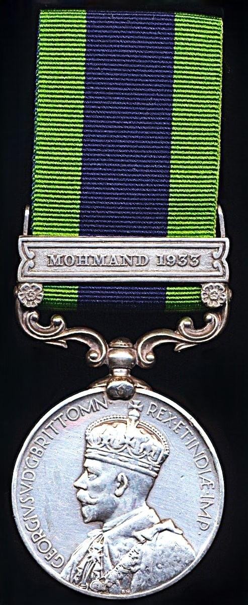 India General Service Medal 1908-35. GV 2nd issue with clasp 'Mohmand 1933' (7468 L-Nk. Mohd. Akbar, 3-14 Punjab R.) — image 3