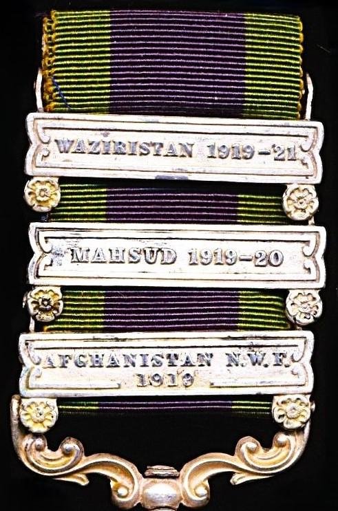 India General Service Medal 1908. GV first type silver issue with 3 x clasps 'Afghanistan N.W.F. 1919', 'Mahsud 1919-20' & 'Waziristan 1919-21' (BXU-2 Clerk Khan Bhatia, S & T.C. ) — image 3