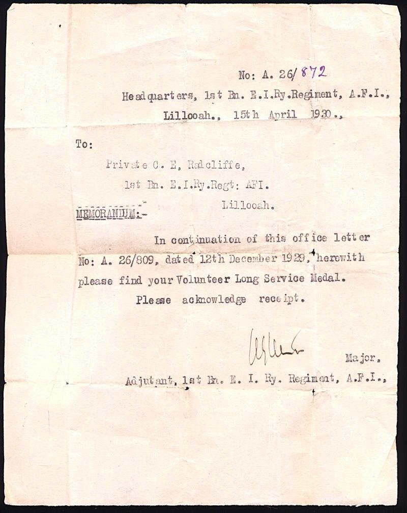 Volunteer Long Service Medal (India & The Colonies). GV issue (Pte. C. E. Radcliffe, 1 Bn. E.I. Ry. R. (A.F.I.) — image 2