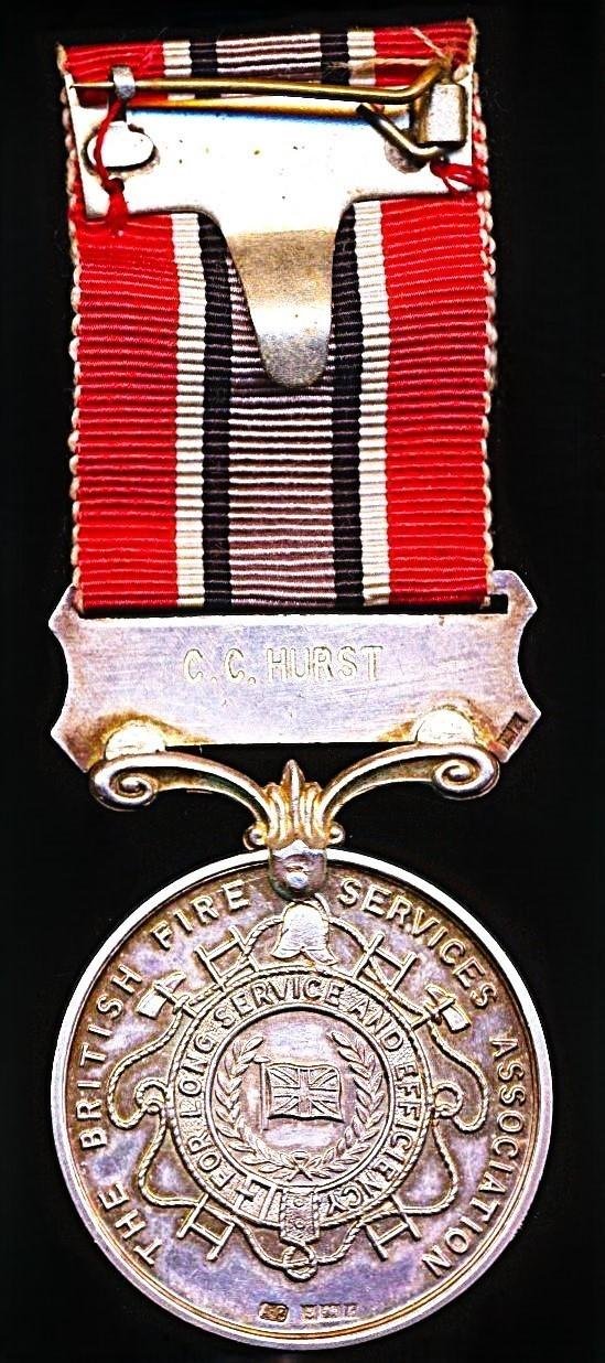 British Fire Services Association: Long Service & Good Conduct Medal. First type. Silver for 'Twenty Years' service. Numbered on rim & named on reverse of suspension (890 / C.C Hurst) — image 3