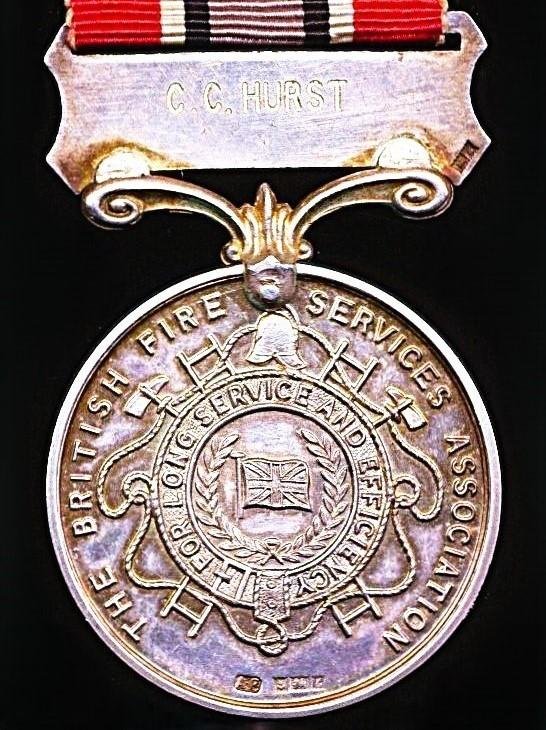 British Fire Services Association: Long Service & Good Conduct Medal. First type. Silver for 'Twenty Years' service. Numbered on rim & named on reverse of suspension (890 / C.C Hurst) — image 4