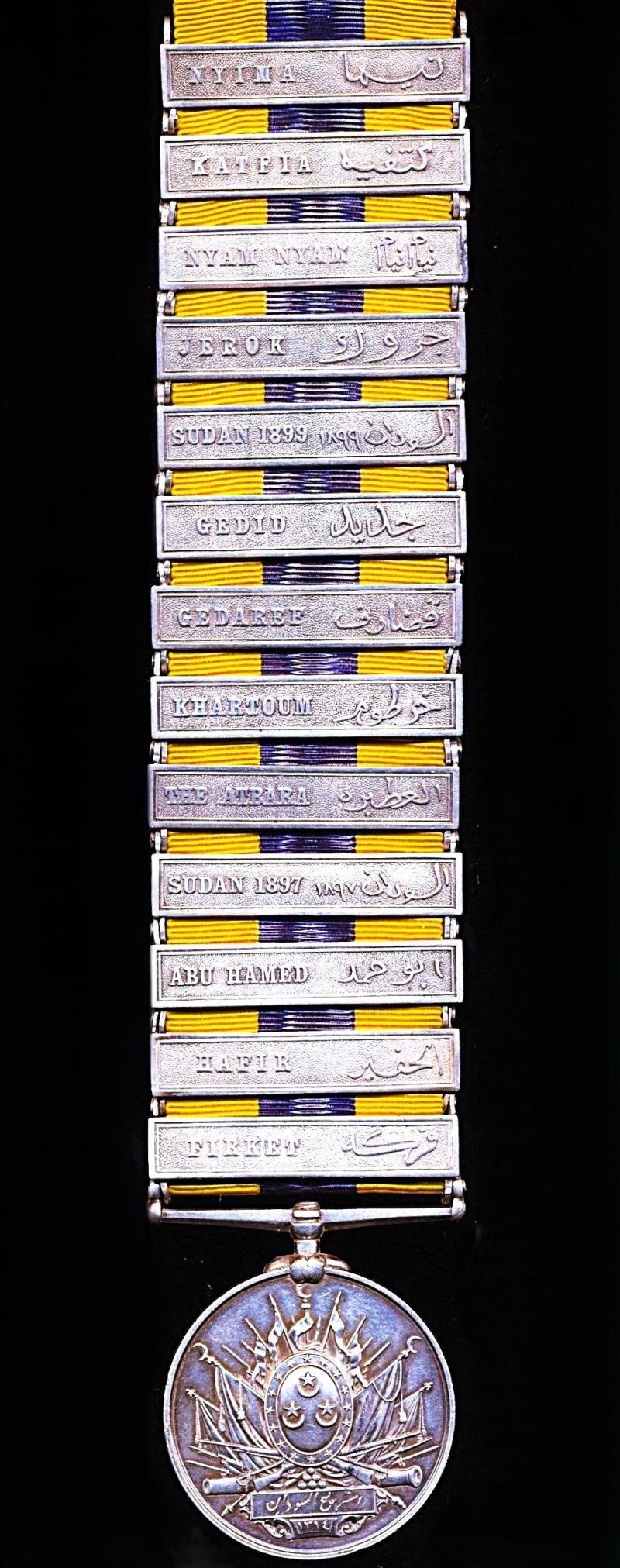 Egypt (Khedivate): Khedives Sudan Medal 1896-1908. Silver issue with 13 x clasps 'Firket', 'Hafir' 'Abu Hamed', 'Sudan 1897', 'The Atbara ','Khartoum', 'Gedaref', 'Gedid', 'Sudan 1899', 'Jerok', Nyam Nyam', 'Katfia' & 'Nyima' — image 3
