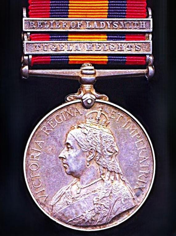 Queens South Africa Medal 1899-1902. Silver issue with 2 x clasps 'Tugela Heights' & 'Relief of Ladysmith' (2042 Tpr: E. Ferguson. Natal Police) — image 2