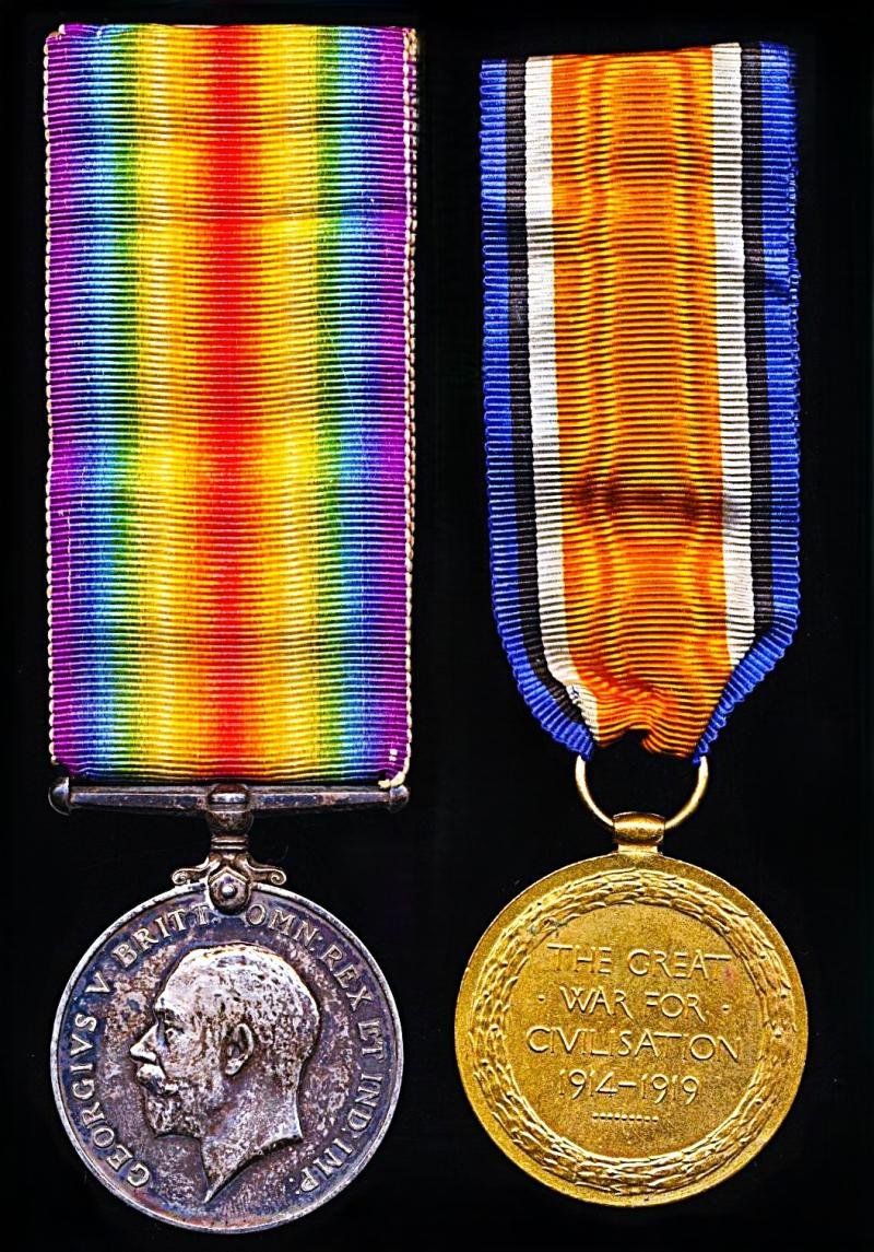 A Great War Western Front 'German Spring Offensive' Casualty medal pair: Private Frederick 'Fred' Shore, 9th (Service) Battalion Cheshire Regiment attached to 56th Trench Mortar Battery — image 2