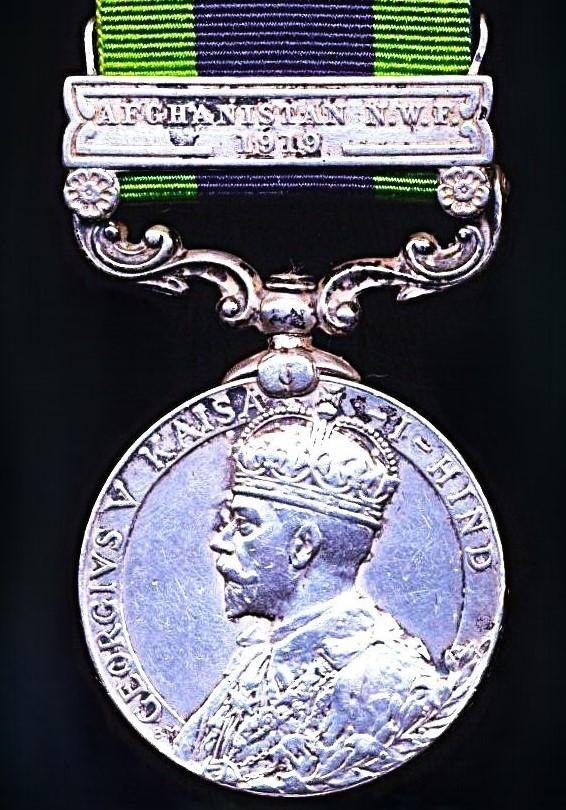 India General Service Medal 1908-35. GV first type. Silver issue, with clasp 'Afghanistan N.W.F. 1919' (199 Rfmn. Newal Sing Ghale, 1-4 Grks.) — image 2