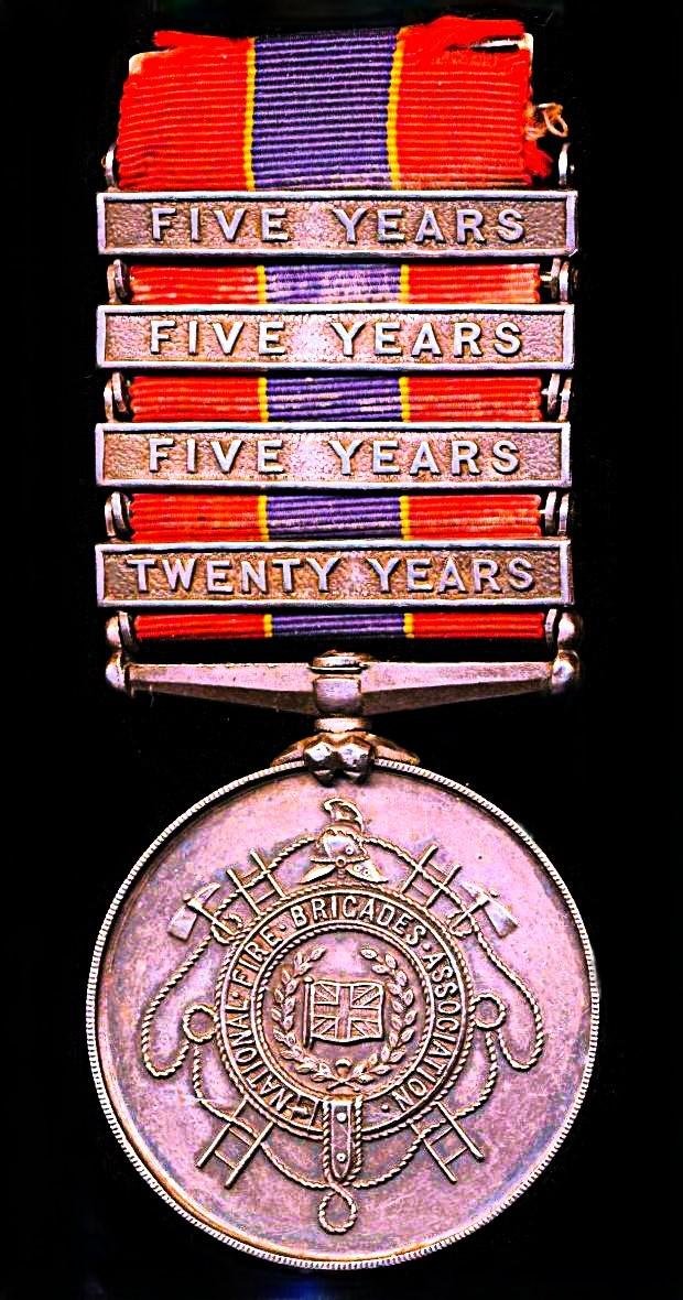 National Fire Brigades Association. Silver 20 years long service medal, with integral 'Twenty Years' bar, and 3 x further service '5 Years' bars. Officially numbered & named (3582 Joseph B. Brooke.) — image 2