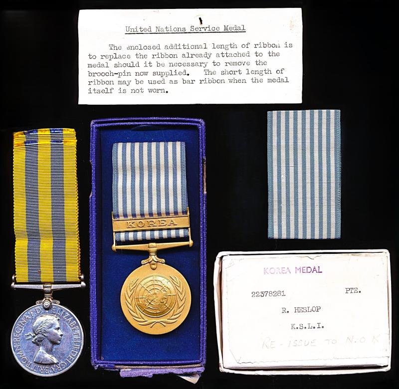 An Infantryman casualty campaign medal pair for the Korean War, to a soldier who later died in Germany: Private Raymond Heslop, 1st Battalion King's Shropshire Light Infantry — image 2