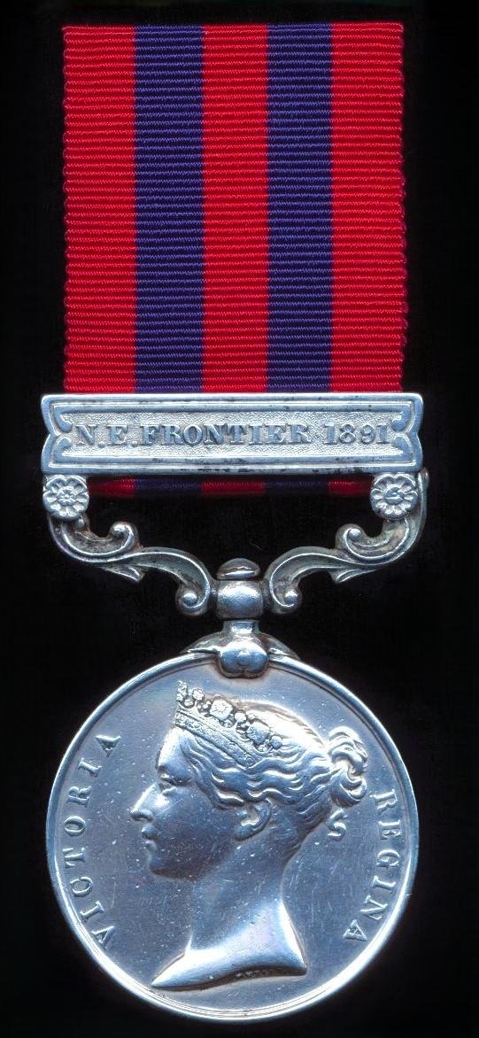 India General Service Medal 1854. Silver issue with clasp 'N.E. Frontier 1891 (1804 Rifleman Guman Singh Thapa 1st Bn 2nd Gurkha Regt)