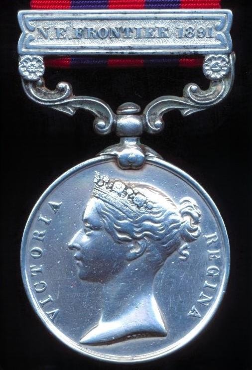 India General Service Medal 1854. Silver issue with clasp 'N.E. Frontier 1891 (1804 Rifleman Guman Singh Thapa 1st Bn 2nd Gurkha Regt) — image 2