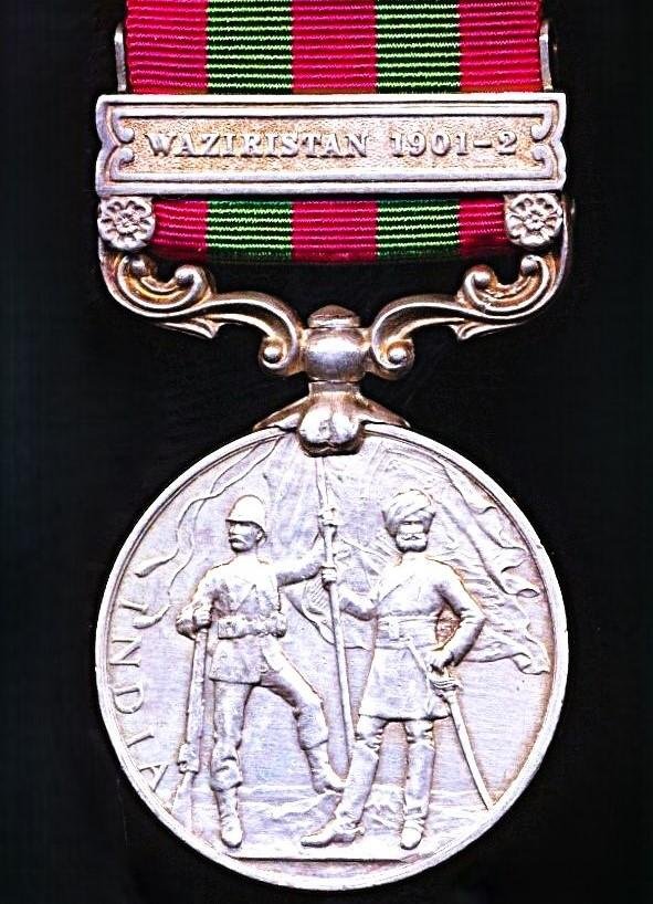 India General Service Medal 1895-1902. Edward VII obverse. Silver issue with clasp 'Waziristan 1901-02' (2461 Duffr Kale Singh 5th Punjab Cavy) — image 4