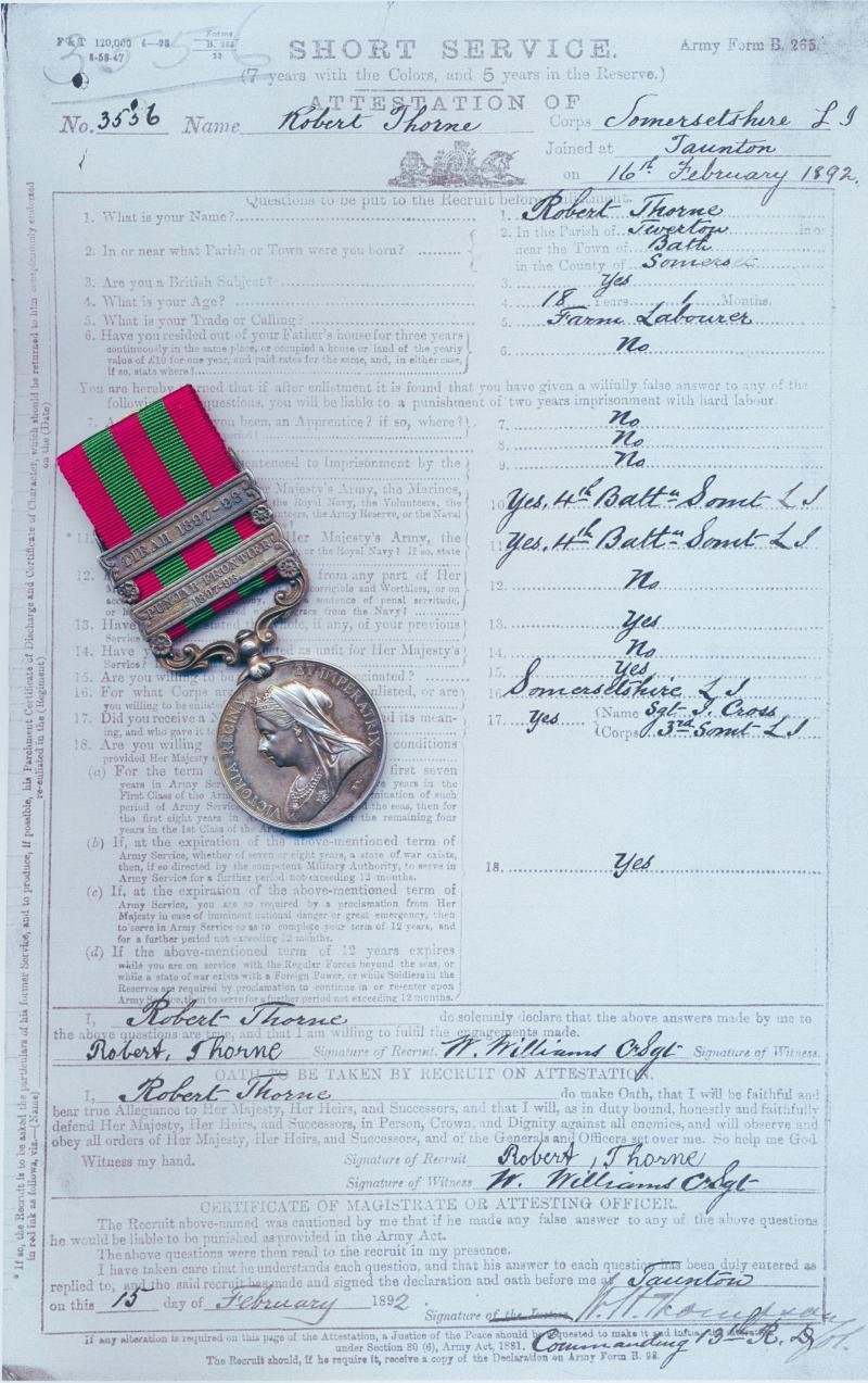 India General Service Medal 1895-1902. Silver. Victorian issue with 2 x clasps 'Punjab Frontier 1897-98' & 'Tirah 1897-98' (3556. Pte R. Thorne. 1st Bn Som: Lt Infy:)