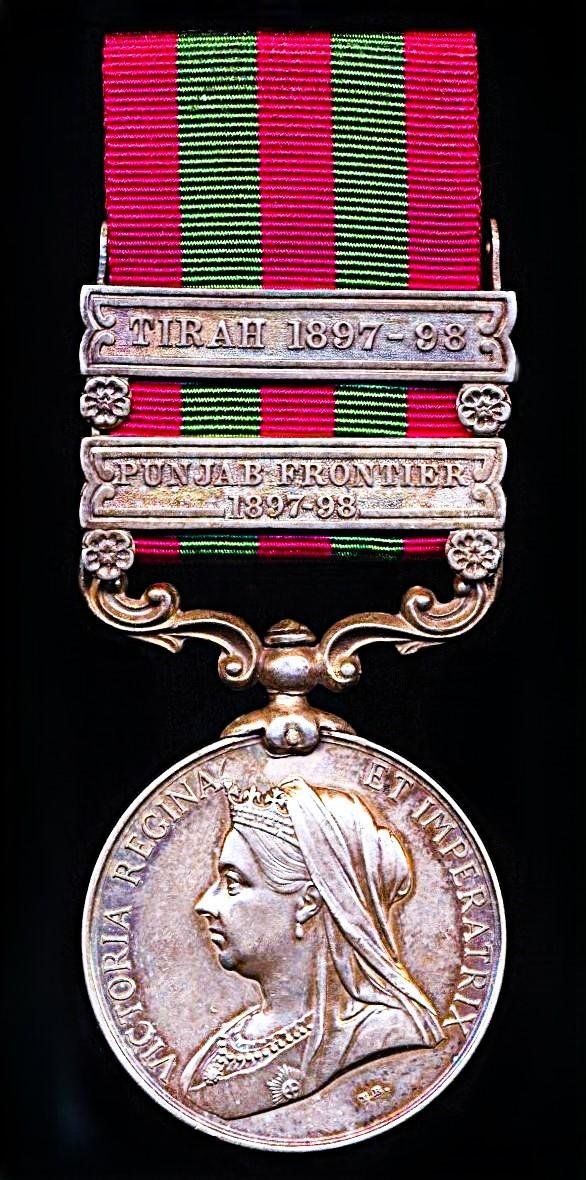 India General Service Medal 1895-1902. Silver. Victorian issue with 2 x clasps 'Punjab Frontier 1897-98' & 'Tirah 1897-98' (3556. Pte R. Thorne. 1st Bn Som: Lt Infy:) — image 2