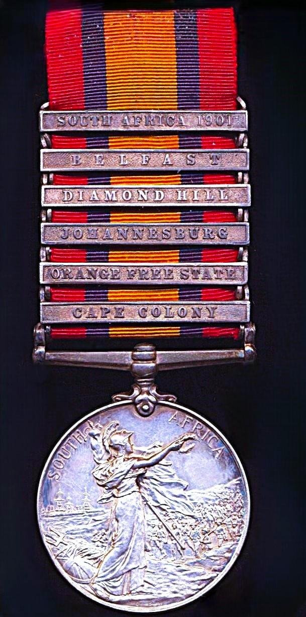Queen's South Africa Medal 1899-1902. Silver issue with 6 x clasps, 'Cape Colony', 'Orange Free State', 'Johannesburg', 'Diamond Hill', 'Belfast' & 'South Africa 1901' (25637 Sapr T.J. Gallagher. Rl: Engineers.) — image 3