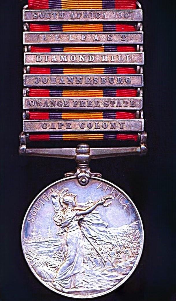 Queen's South Africa Medal 1899-1902. Silver issue with 6 x clasps, 'Cape Colony', 'Orange Free State', 'Johannesburg', 'Diamond Hill', 'Belfast' & 'South Africa 1901' (25637 Sapr T.J. Gallagher. Rl: Engineers.) — image 4