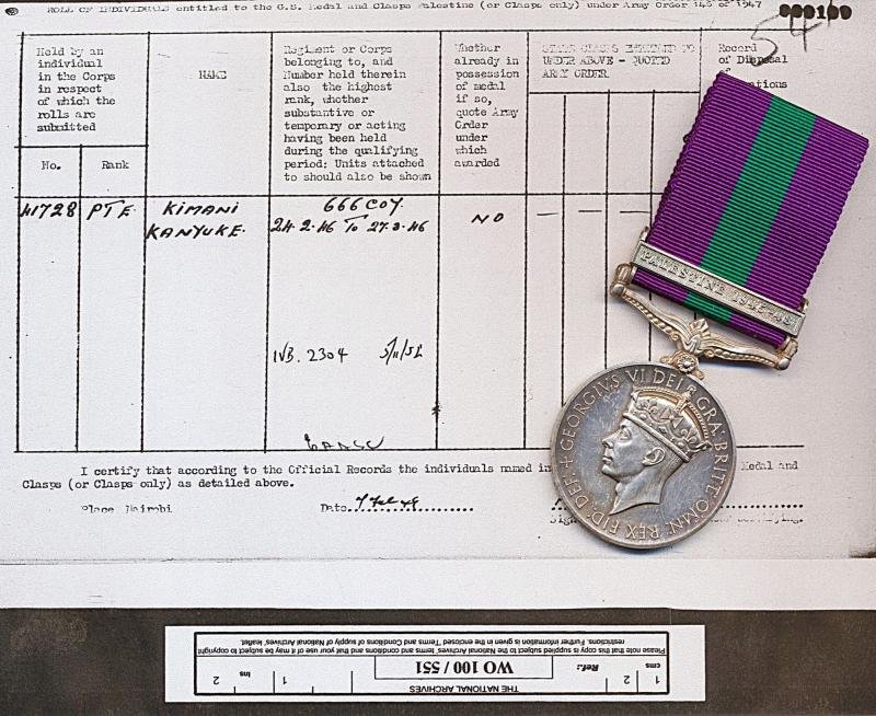 General Service 1918-62, GVI 2nd issue with clasp 'Palestine 1945-48' (41728 Pte. Kimani Kanyuke. E.A.A.S.C.)