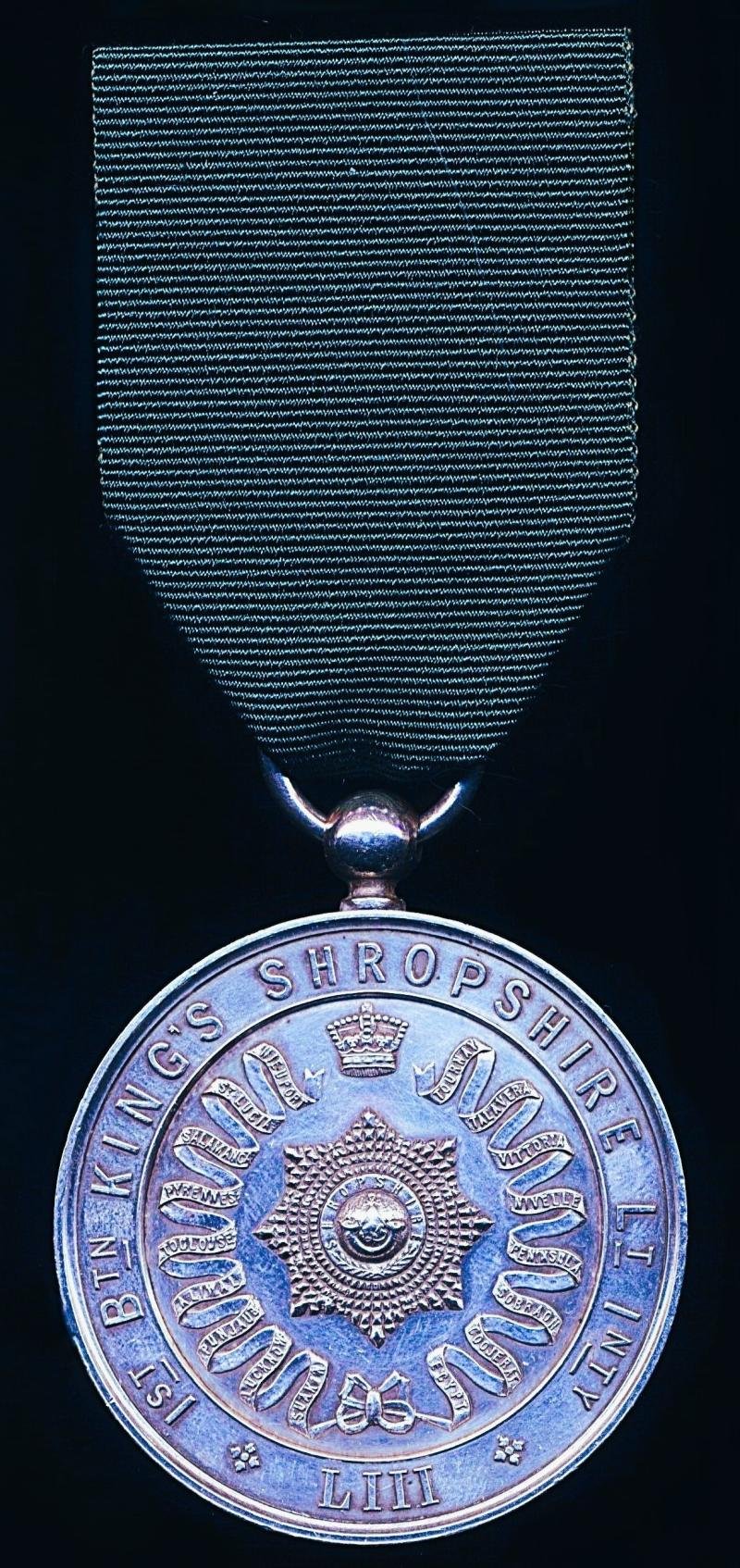 1st Battalion King's Shropshire Light Infantry. Regimental 'Best Shot of Battalion' Medal. Silver (not H/M). Reverse engraved (Lce Sgt J Blud.) — image 3