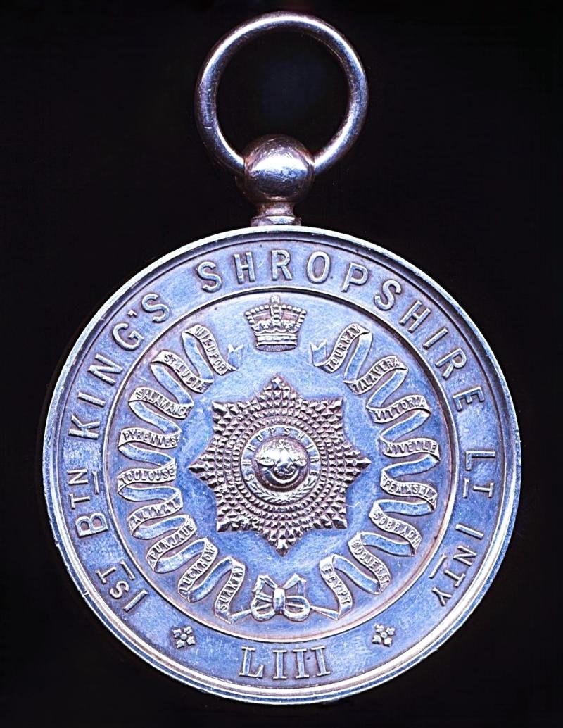 1st Battalion King's Shropshire Light Infantry. Regimental 'Best Shot of Battalion' Medal. Silver (not H/M). Reverse engraved (Lce Sgt J Blud.) — image 4