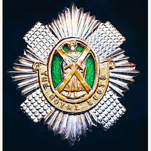 Royal Scots: Cap Badge. 2nd Battalion. Bi-metal with green cloth …