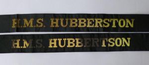Pair of Royal Navy Ship's Cap-tallies for 'HMS Hubberston'.