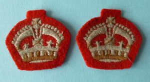 Pair of Army Major's Machine-embroidered King's Crowns on Red Backing.