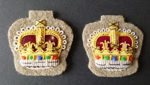 Pair of Army Hand-embroidered Wire Queen's crown Rank-badges.