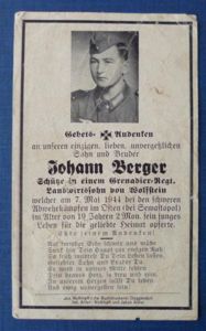 Third Reich : Army Casualty Memorial Card.