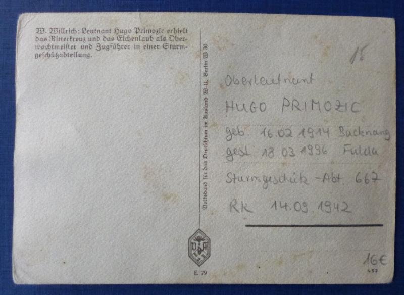 Third Reich : Willrich Postcard of Army Leutnant Hugo Primozic. — image 2