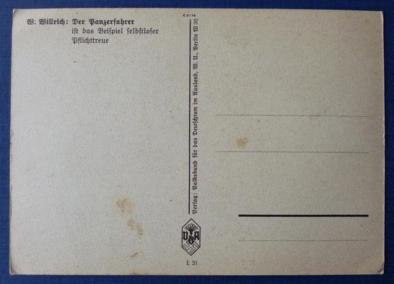 Third Reich : Willrich Postcard of Der Panzerfahrer (The Tank Driver). — image 2