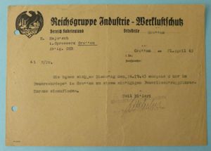Third Reich : Werkluftschutz Headed Letter dated 21st April 1945.